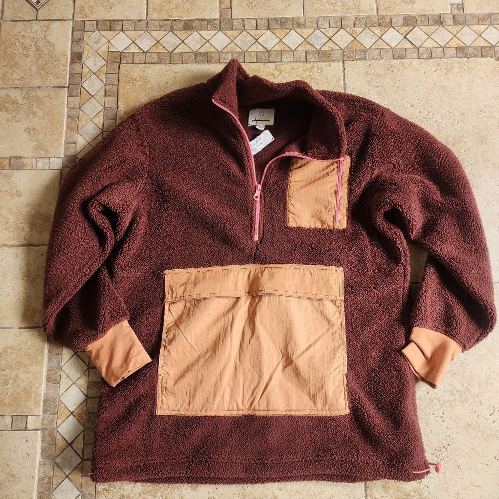 aerie Offline Half Zip Sherpa Pullover - Deep Burgundy with Tan Pockets